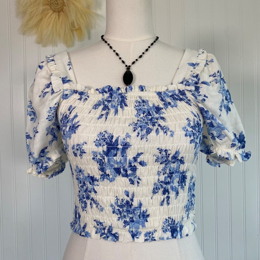 Monteau Women Puff Sleeve Cottagecore Floral Smocked Top Size M Cropped Coquette